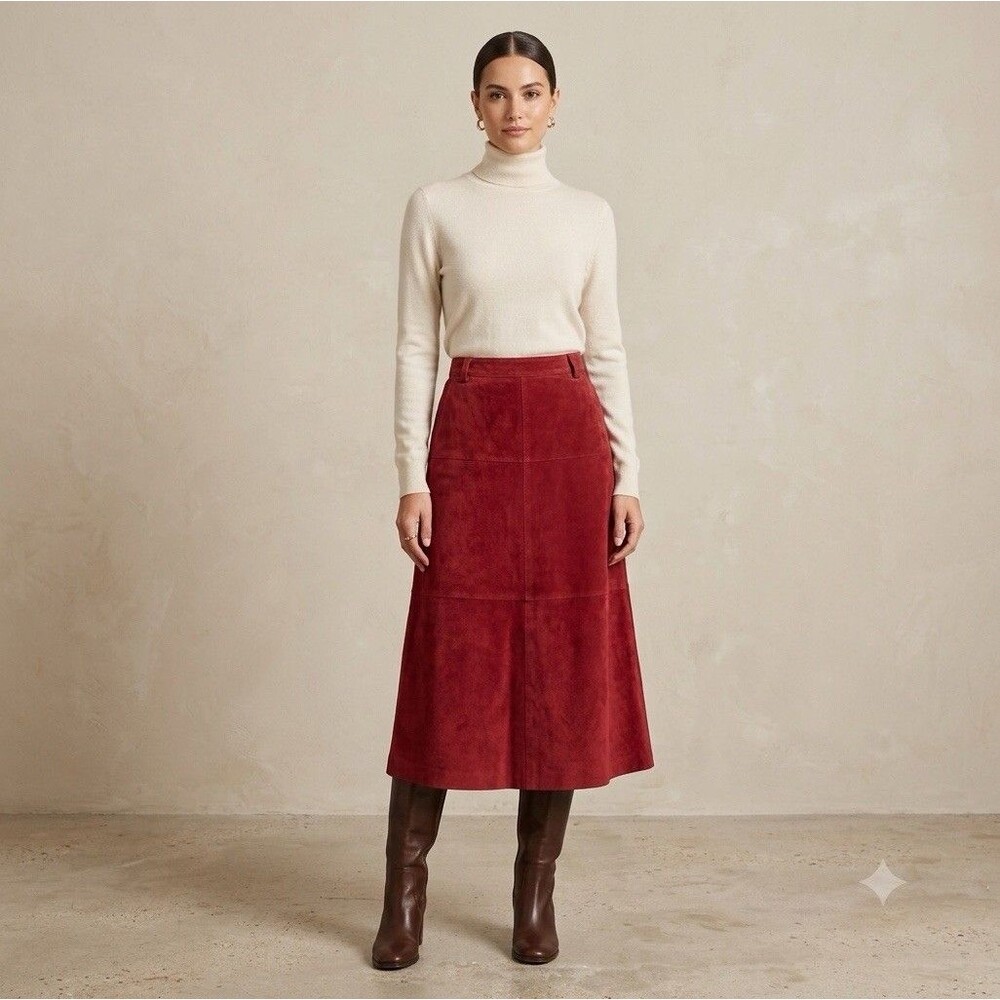 Vintage Suede Leather A-Line Midi Skirt Red Women’s Size 10